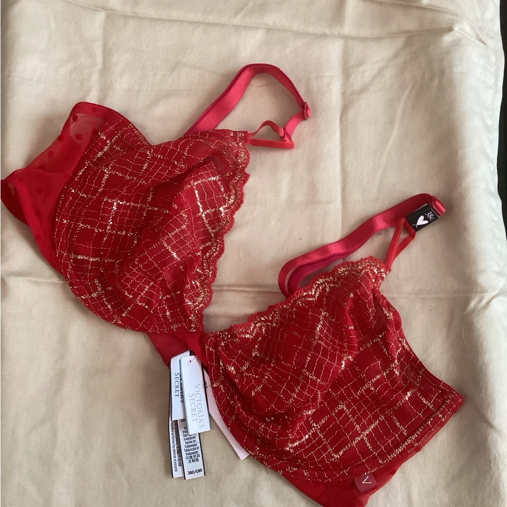 Victoria's Secret Red and Gold Lace Bra Set